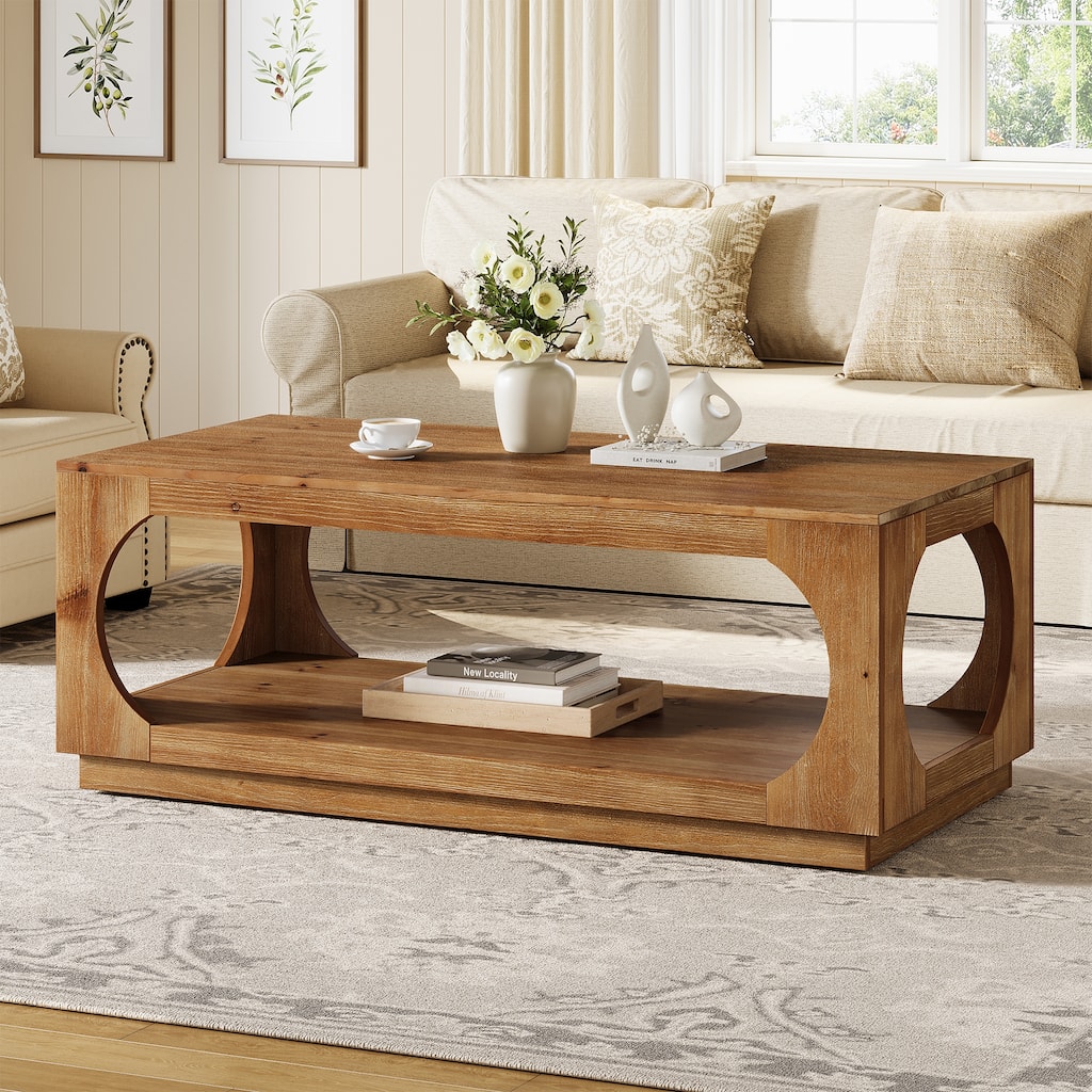 Rectangular Solid Wood Coffee Table with Storage for Living Room