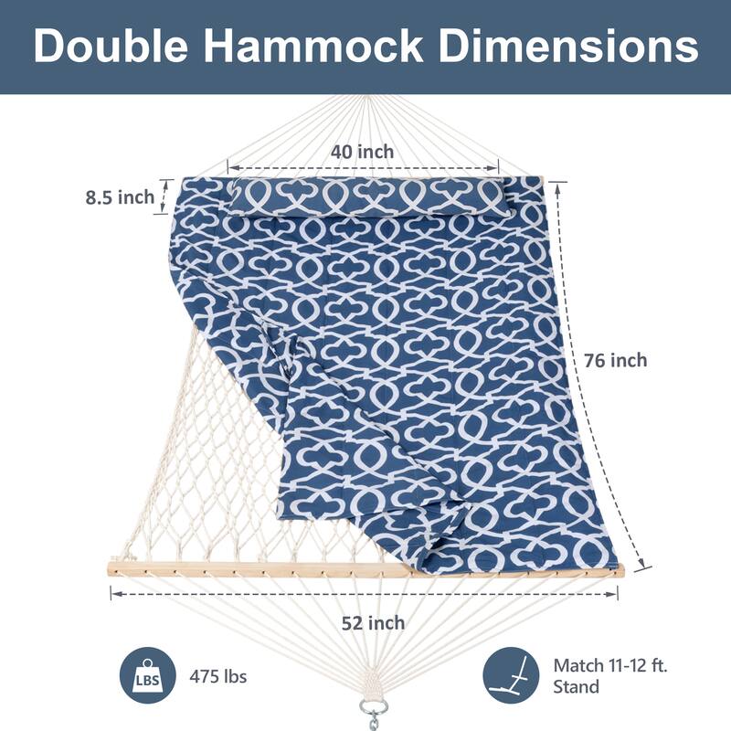 Durable 2 Person Rope Hammock with Polyester Quilted Pad and Pillow - 76*52