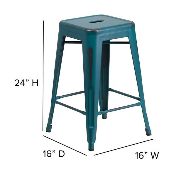 dimension image slide 10 of 9, Backless Distressed Metal Indoor/Outdoor Counter Height Stool