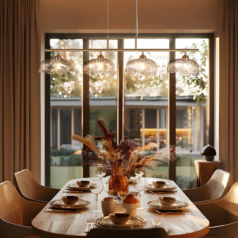 Modern 4-Light Gold Chandeliers 44 IN Linear Textured Glass Island Lights for Dining Room - W44.5" x H68.2" Max