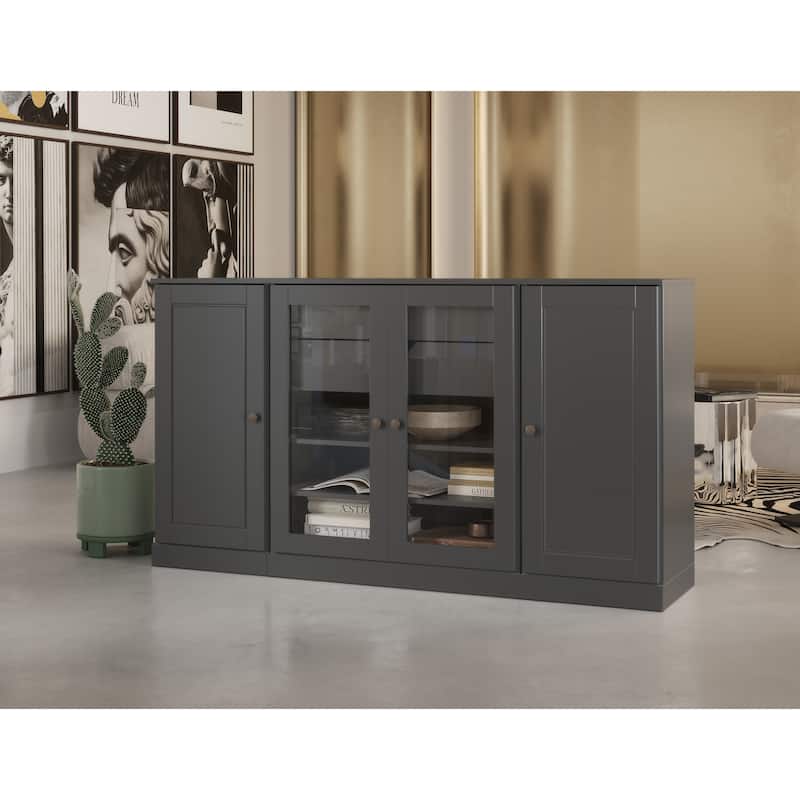 Palace Imports 100% Solid Wood 65" Sideboard with Solid, Clear Glass Doors, 2-Drawers and Adjustable Shelves - Gray