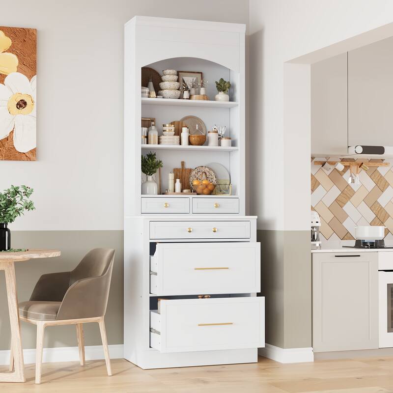 Kitchen Pantry with Countertop, Tall Freestanding Storage Cabinet with 5 Storage Drawers & Adjustable Shelf - White 1PC