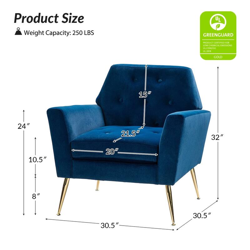 Lilia Contemporary Velvet Upholstered Tufted Back Armchair with Metal Golden legs Set of 2 by HULALA HOME