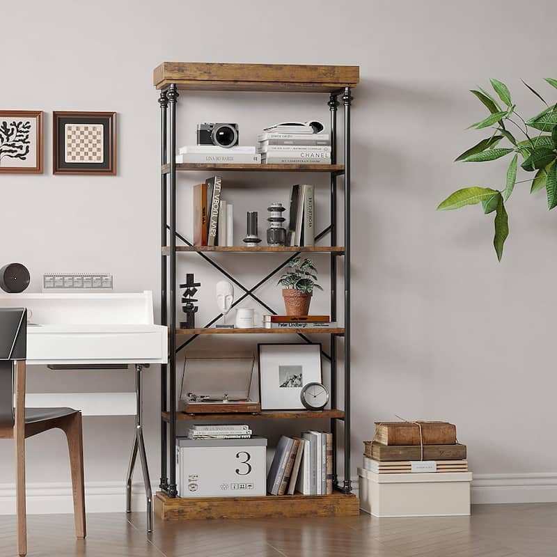 73.6" Tall Industrial 6-Tier Bookshelf Freestanding Bookcase with Shelves - Brown