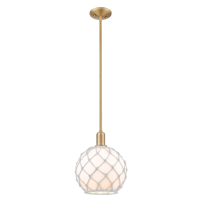 Innovations Lighting Endless Possibilities Arcadia - Farmhouse Rope - 1 Light 10" Stem Hung Mini Pendant - Brushed Brass/White Glass with White Rope