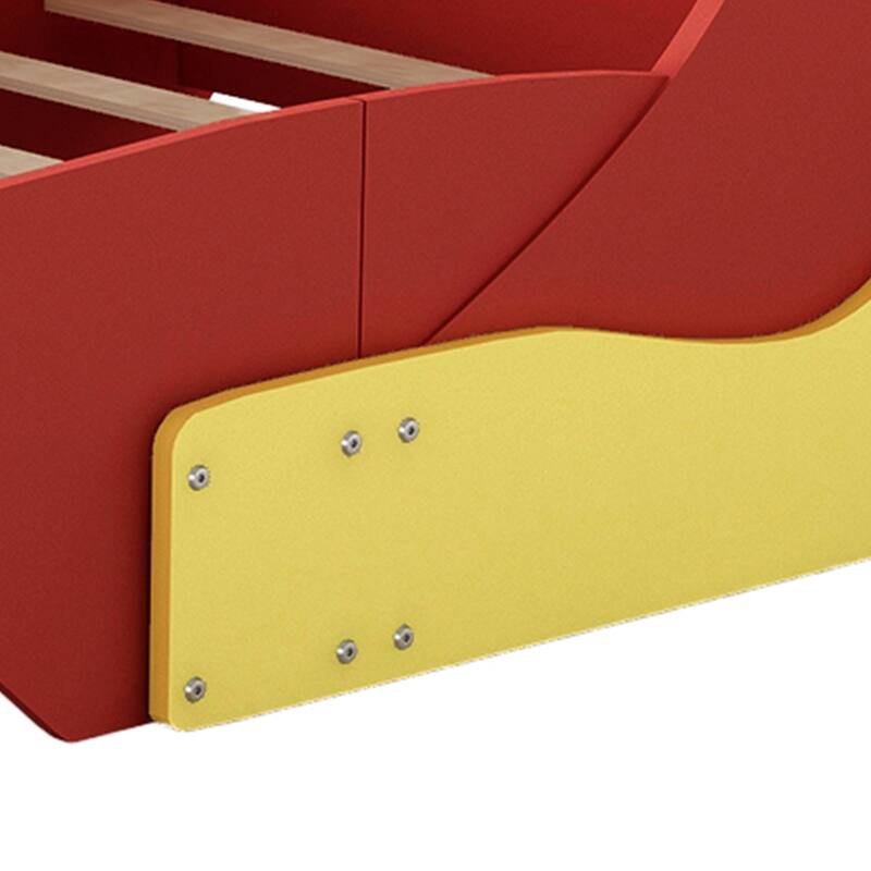 Race Carshaped Toddler Floor Bed Twin Size Grounded Bed with Front Storage Shelves, Wheels and Guardrail, Wooden Platform Bed