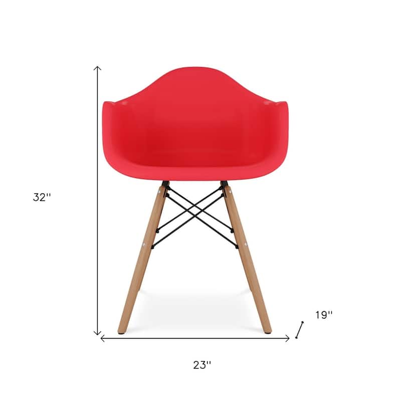 Modern Red Plastic Seat Dining Armchair with Solid Back and Wood Legs for Kitchen or Dining Room - 32”H x 23”W x 19”D
