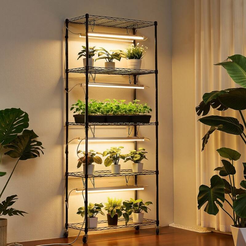 Black Metal 5-Tier Indoor Plant Stand with 8 LED Grow Lights and Timer, 71-Inch Adjustable Shelves on Wheels