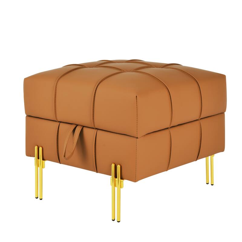 Square Leather Storage Ottoman, Tufted Upholstered Footstool with Flip Top, Entryway Bench with Stainless Steel Legs
