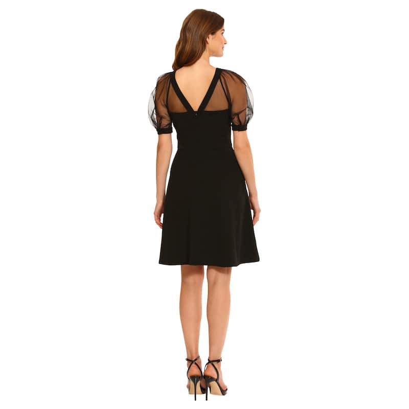 Round Neck Short Puff Sleeve A-Line Knee-Length Dress With Mesh Yoke And Scuba Crepe Body