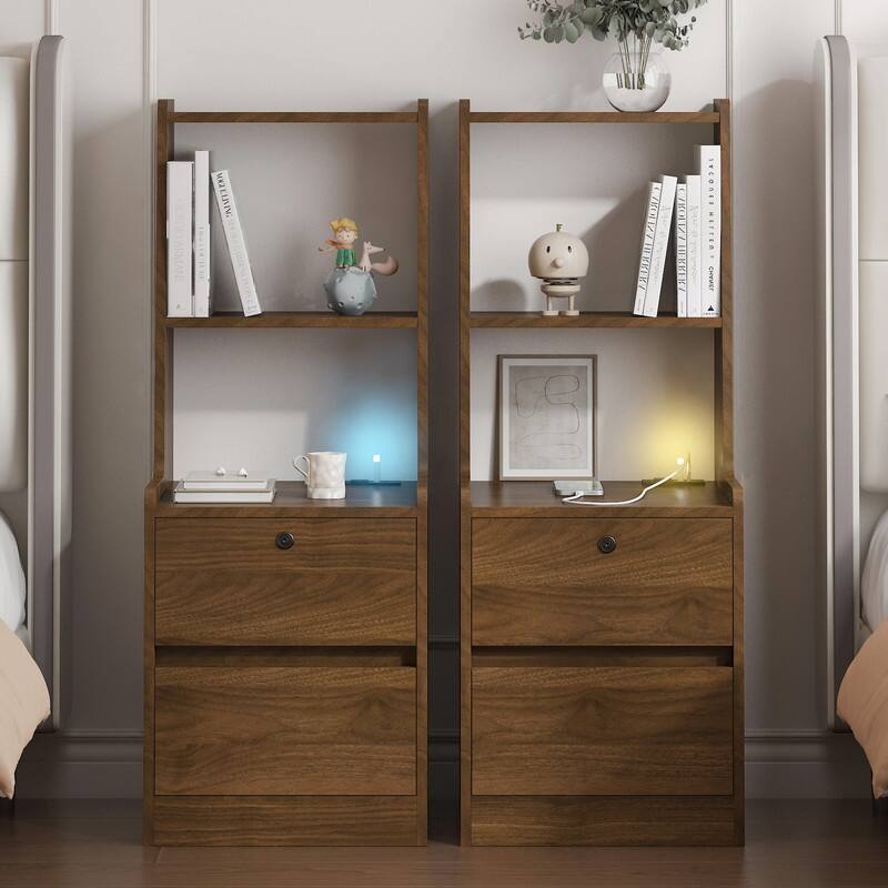 Smart Nightstand with Night Light, Modern Night Stand with Bookshelf, Bedside Tables with Storage Cabinet，Set of 2 - Wood
