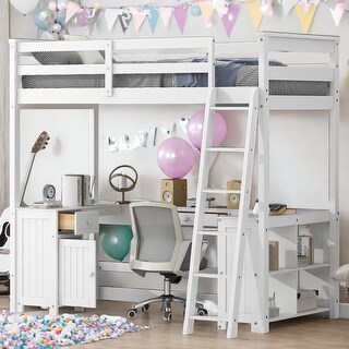Contemporary Design Twin Size Loft Bed with U-shaped Desk, Drawers and Multiple Storage Shelves, Study or Leisure Space, White