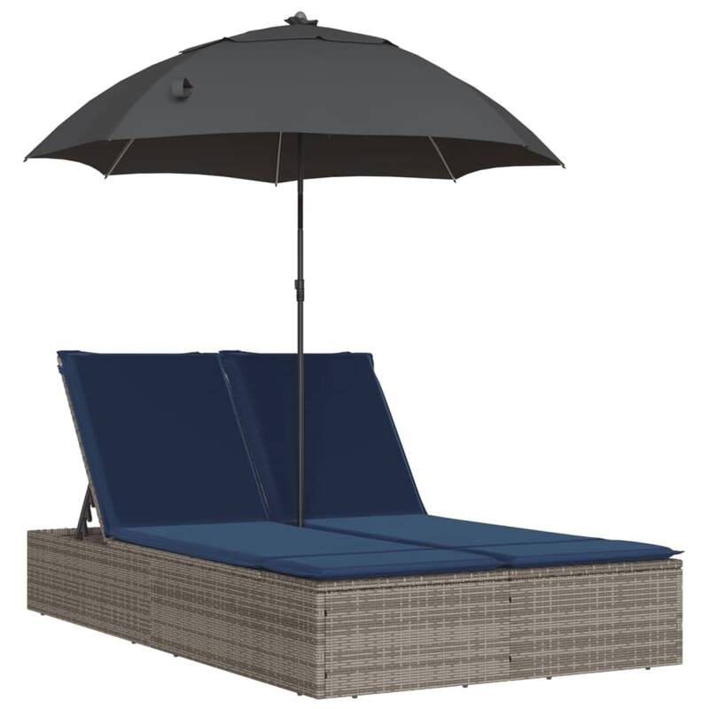 vidaXL Patio Double Sun Lounger&Cushions&Parasol Poly Rattan Brown/Gray/Black - 78.7" x 64.6" x 69.3"