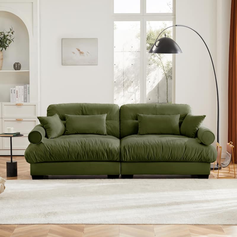 Anmytek Olive Green Large Modern Velvet 2-Seater Sofa with Bolstered Armrests Waist Pillows Throw Pillows