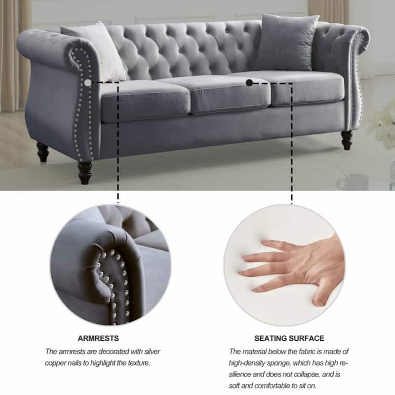 80" Chesterfield Sofa Grey Velvet for Living Room, 3 Seater Sofa Tufted Couch with Rolled Arms and Nailhead