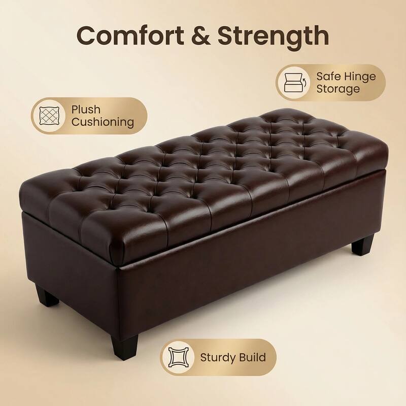 50.25" Brown PU Leather Storage Ottoman Bench with Safety Hinges