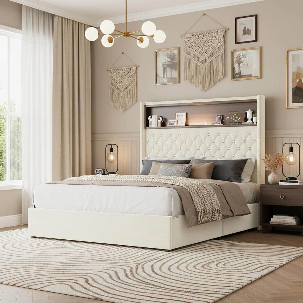 Luxe Wingback Velvet Bed Frame with Crystal Tufted Headboard, LED Shelf & USB Ports by Harper&Bright Designs