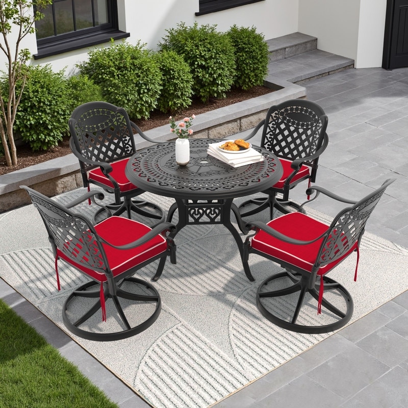 5-Piece Aluminum Round Outdoor Patio Dining Set, 4 Cushioned Swivel Chairs, Table, All-Weather Frames