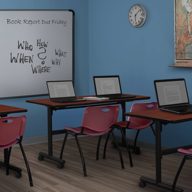 60" Flip Top Mobile Training Table- Cherry & 2 'M' Stack Chairs- Burgundy