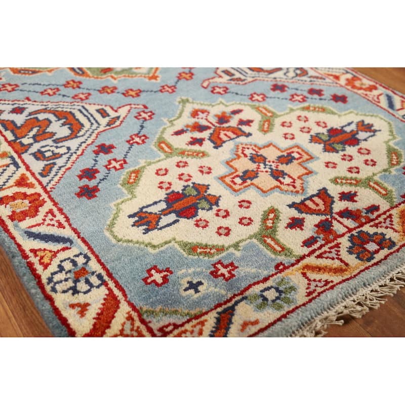 Light Blue Geometric Kazak Indian Runner Rug Hand-Knotted Wool Carpet - 2'7"x 7'10"