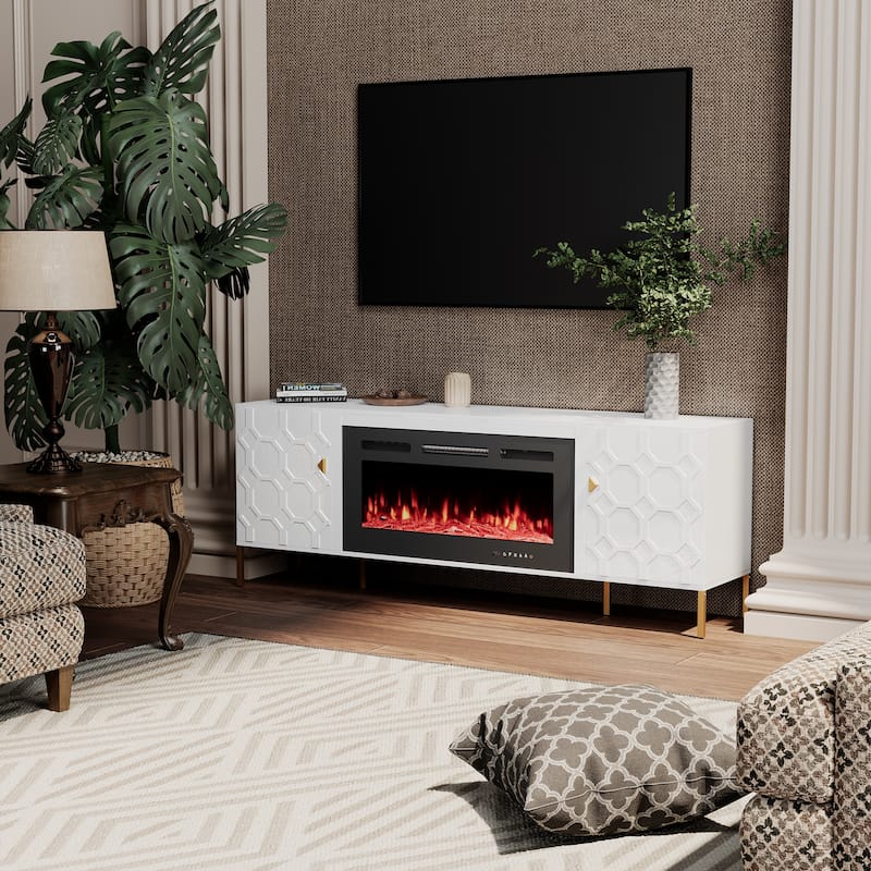 Clihome High Gloss Storage 70'' TV Stand with 36'' Electric Fireplace