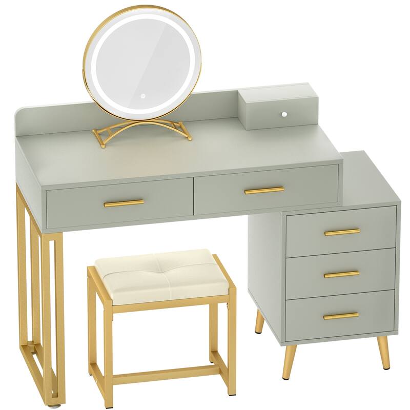 Makeup Vanity Desk with Stool and LED Mirror, Modern Makeup Table Vanity Desk with 6 Storage Drawers
