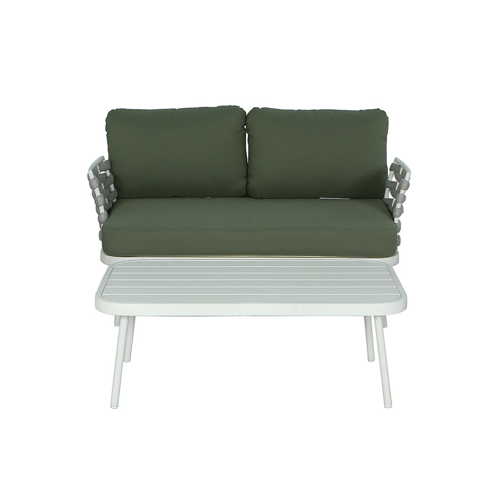 Roomfitters Steel Loveseat with Woven Rope Arms and Coffee Table
