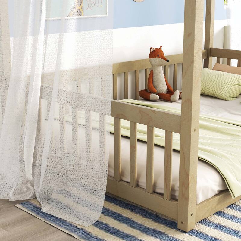 Full Size Canopy Frame Floor Bed with Fence, Guardrails,Natural