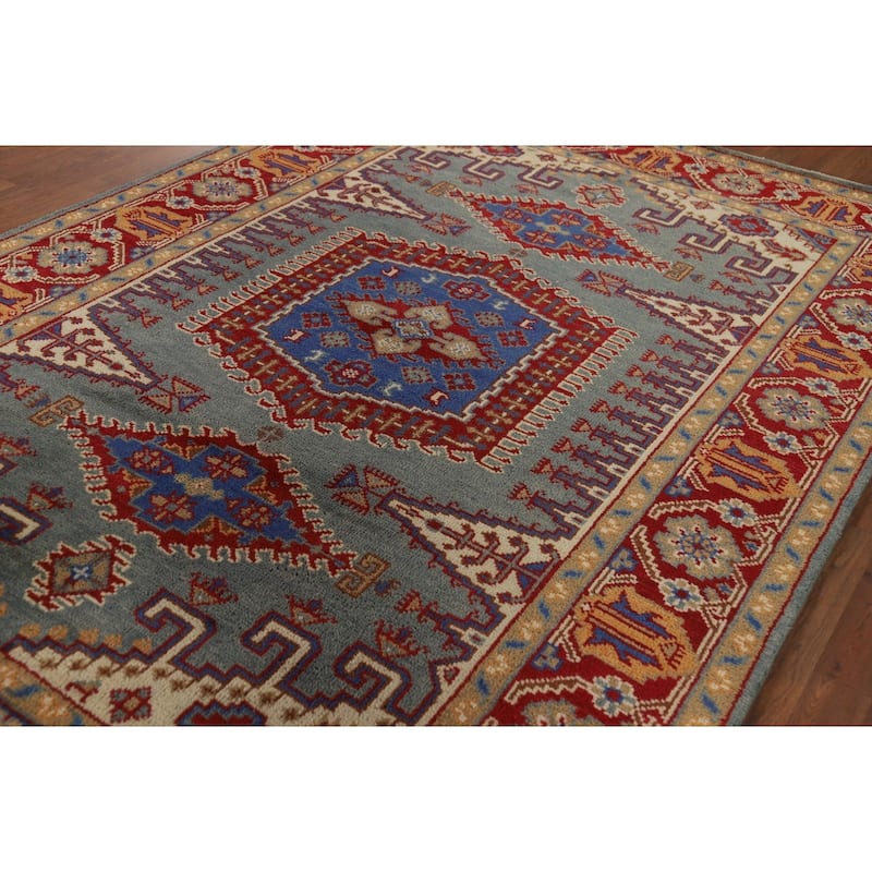 Geometric Heriz Serapi Indian Area Rug Hand-Knotted Blue Wool Carpet - 6'0" x 9'0"