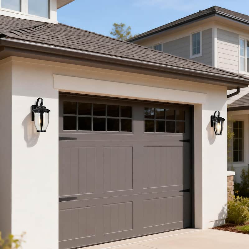 14 in. 1-Light Matte Black Dusk to Dawn Outdoor Wall Sconce with Clear Seeded Glass - E26, Wet Rated, Farmhouse Style