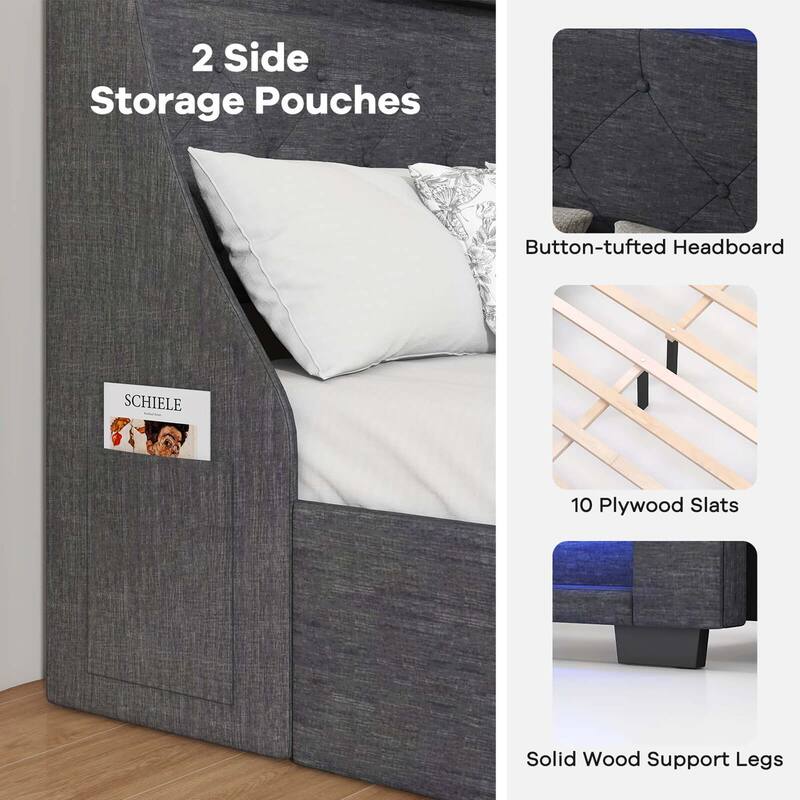 Costway Full/Queen Size Bed Frame with LED Lights & Charging Station
