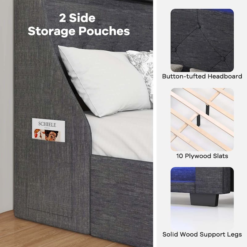 Full Size Bed Frame Upholstered Platform Bed w/ Wingback Headboard
