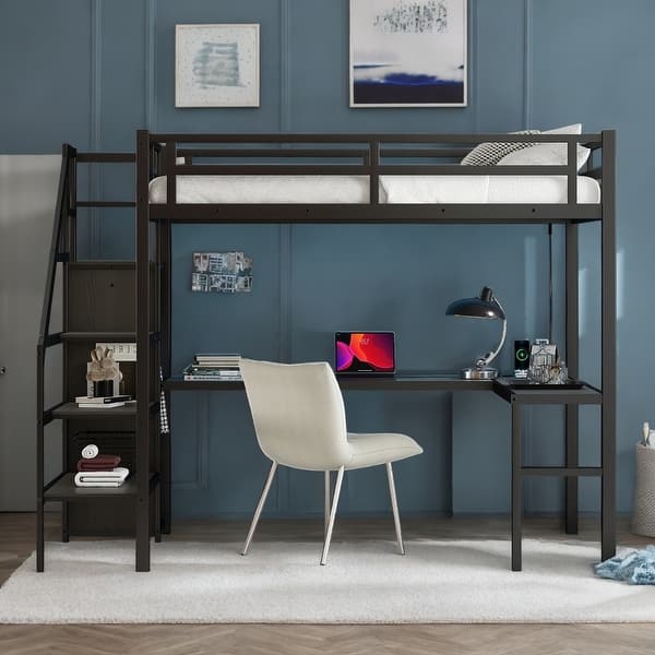 slide 2 of 11, Full Size Metal Loft Bed with L-shaped Desk, USB Charging, Wardrobe & LED Lights, Ideal Space-Saving Solution for Kids, Black
