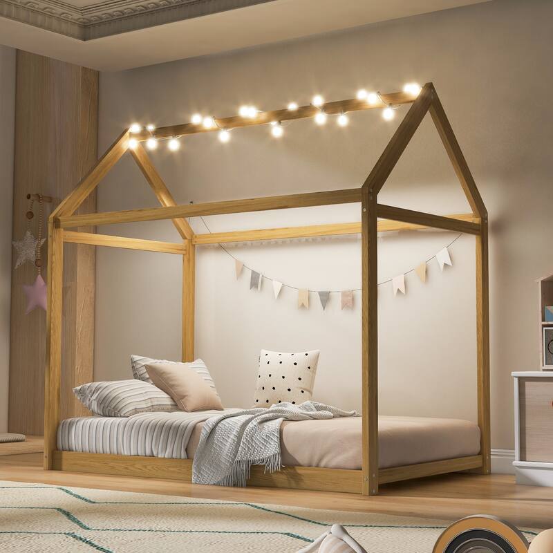 Twin Size Wooden House Bed with Fun House Shaped Design - Wood