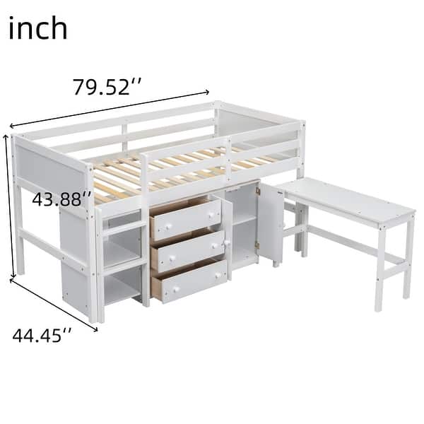 dimension image slide 1 of 2, Nestfair Twin Size Low Loft Bed With Pull-Out Desk, Drawers, Cabinet, and Shelves