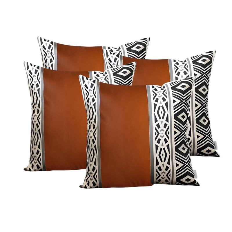 Set of Four 18" Brown Black and White Geometric Fabric and Faux Leather Throw Pillows
