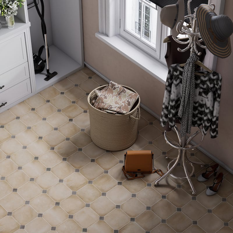 Merola Tile Laverton Octagon Beige with Taco Grafito 7-7/8" x 7-7/8" Porcelain Floor and Wall Tile