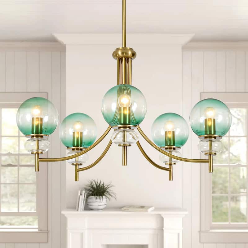 5-Light Mid-Century Modern Luxury Green Sputnik with Open/Bubble Glass Globe Shades Chandelier for Dining Room, Living Room - Bubble Glass Globe Shade