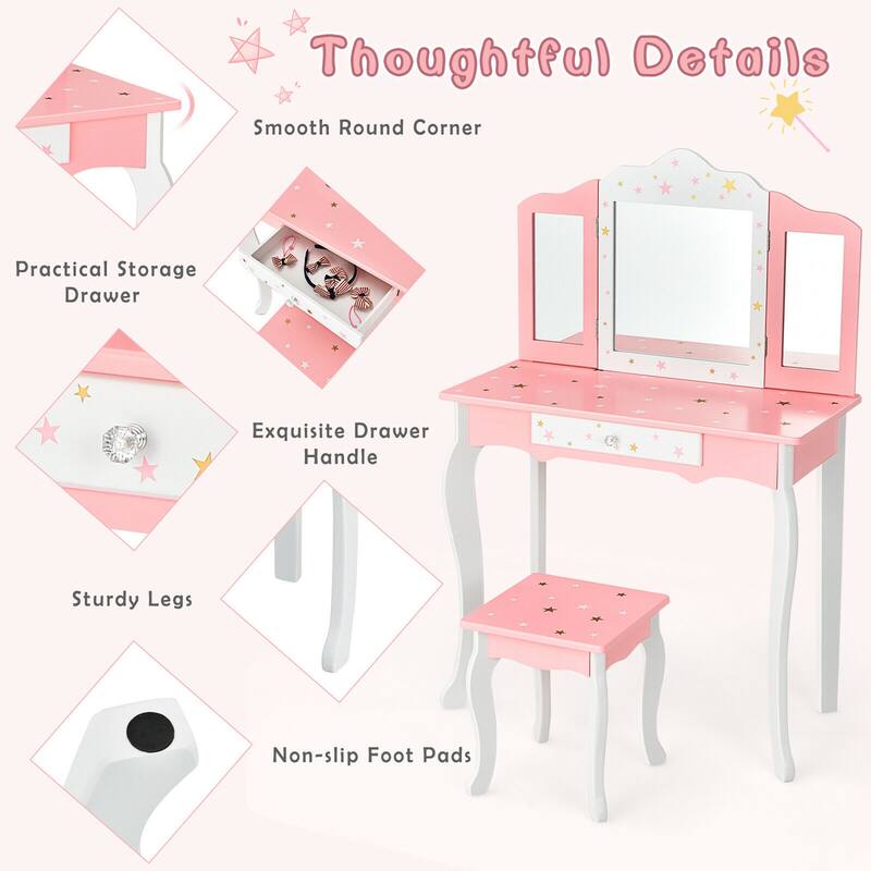 Gymax Kids Vanity Princess Makeup Dressing Table Chair Set W/ - See Details