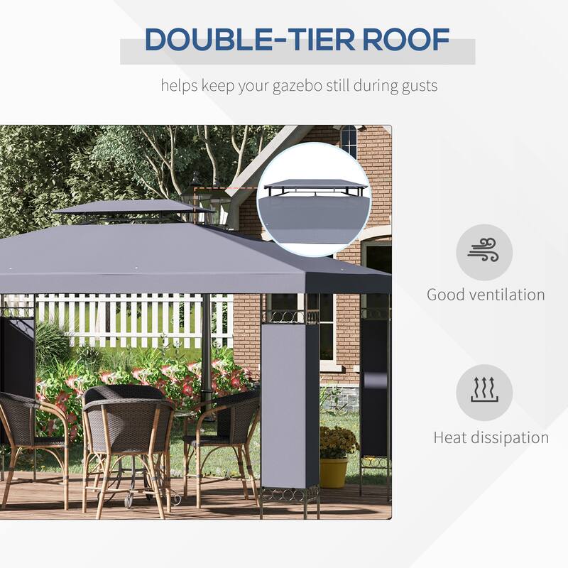 10' x 13' Double Roof Outdoor Gazebo Canopy Shelter with Screen Decorate Corner Frame