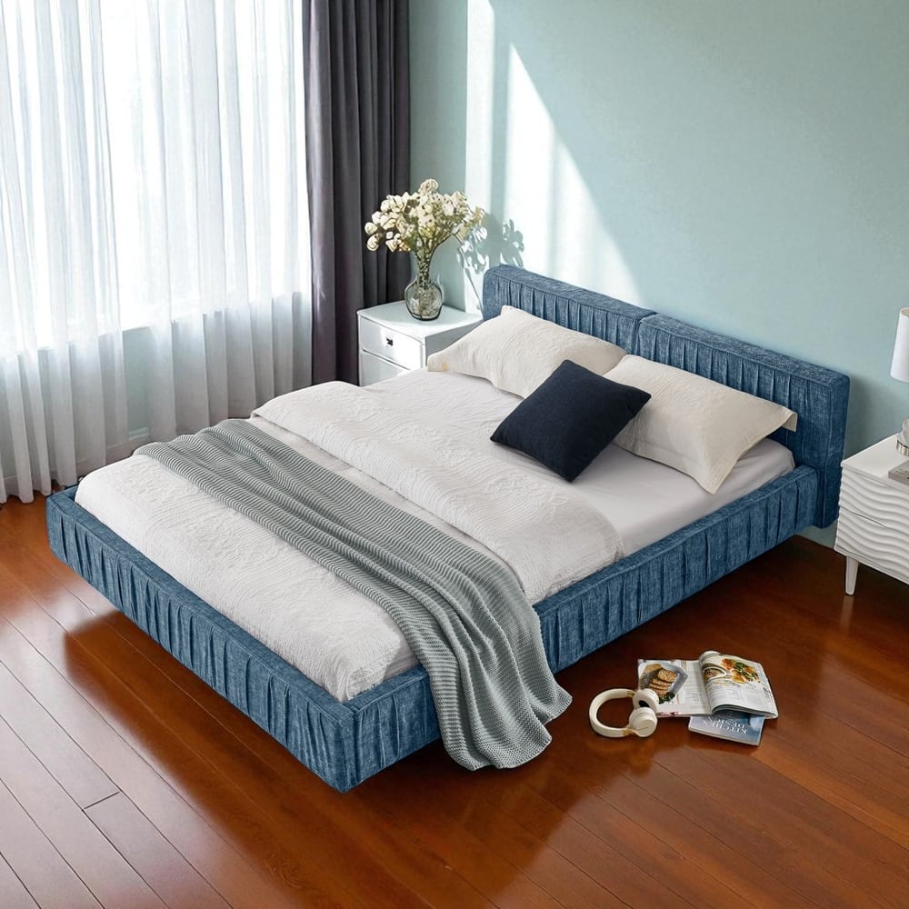 Queen Size Upholstered Platform Bed Frame with Chenille Pleated Headboard, Solid Wood Slats, No Box Spring Needed