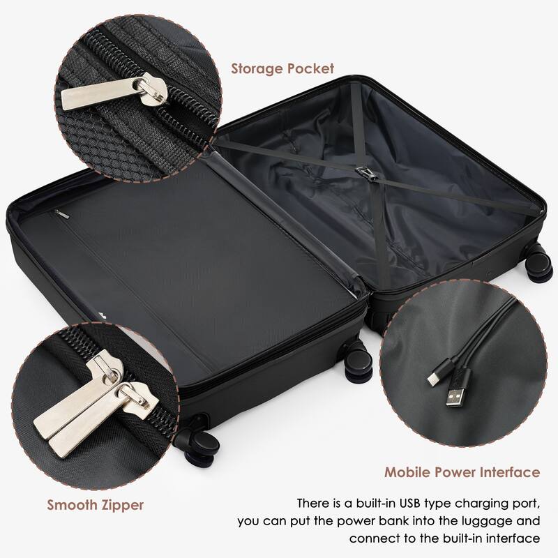 Merax Suitcases 3 Piece ABS Hardshell Front-Opening Luggage Sets with USB Port and Spinner Wheels & Cup Holder, for Men Women