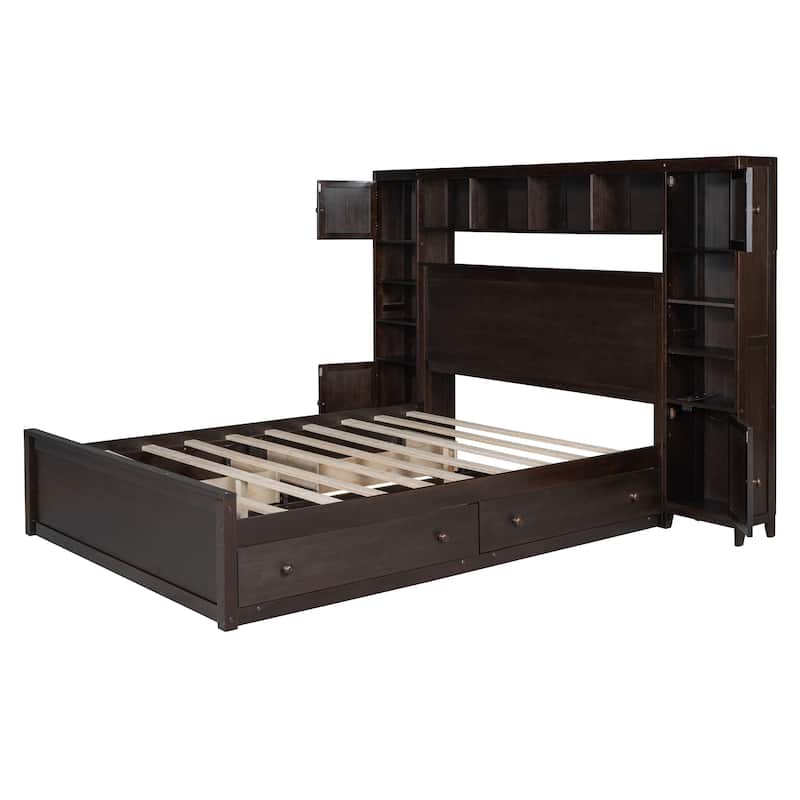 Queen Size Wooden Platform Bed with Built-in Cabinets, Shelves, and Outlets, Espresso Finish