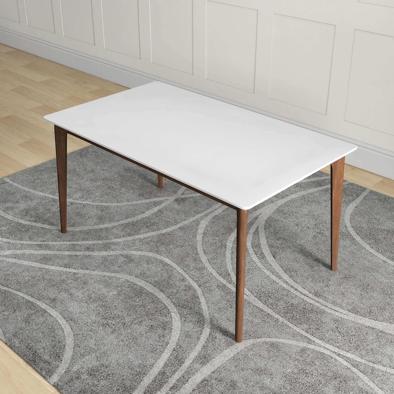 Lindsey Mid-Century Modern Solid Wood Dining Table with White Top and Walnut Legs, 59 inches for Bedroom Hallway, Entryw