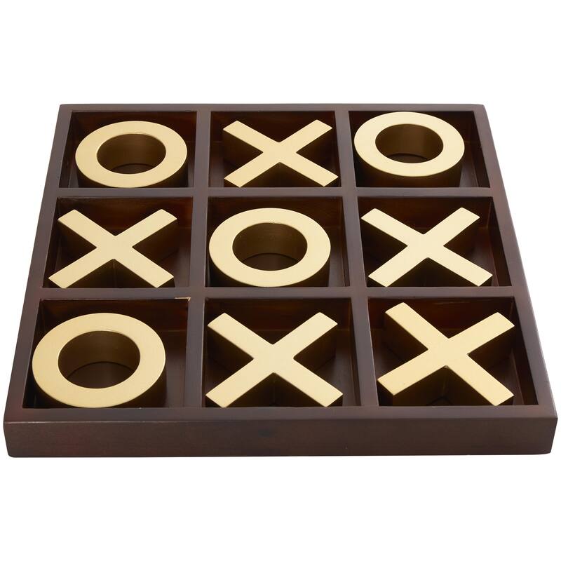 Wooden Tic Tac Toe Game Set with Gold X and O Pieces - Brown - Roche River Decor