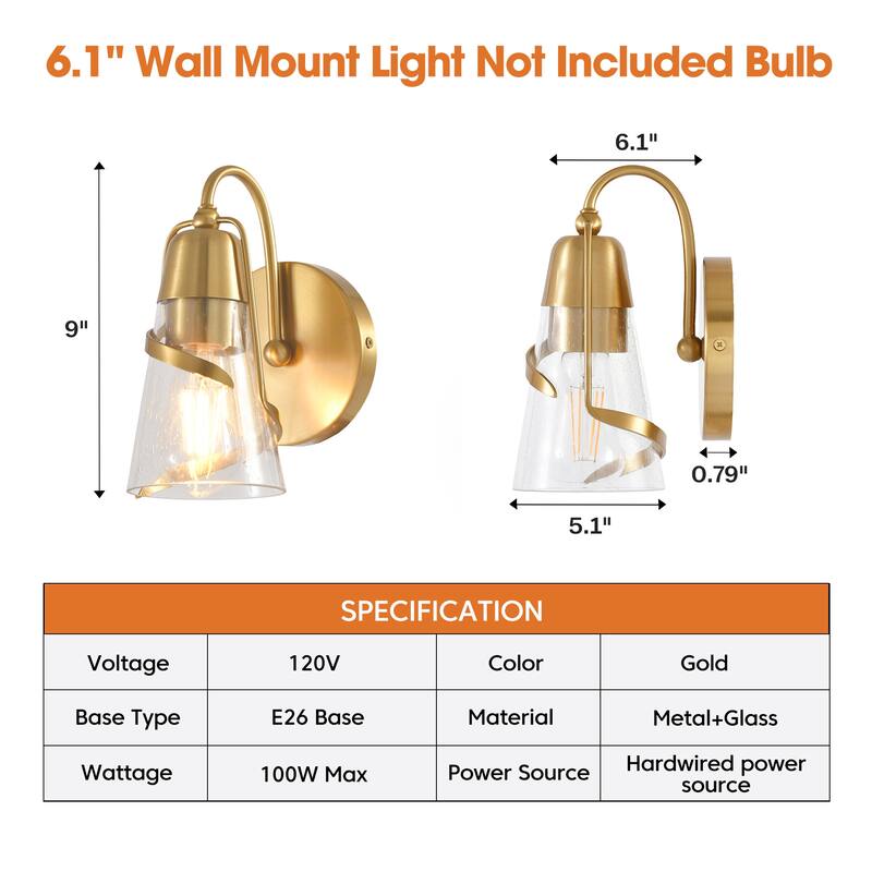 Parrot Uncle 5" Modern Gold Seeded Glass 1-Light Wall Light Sconce