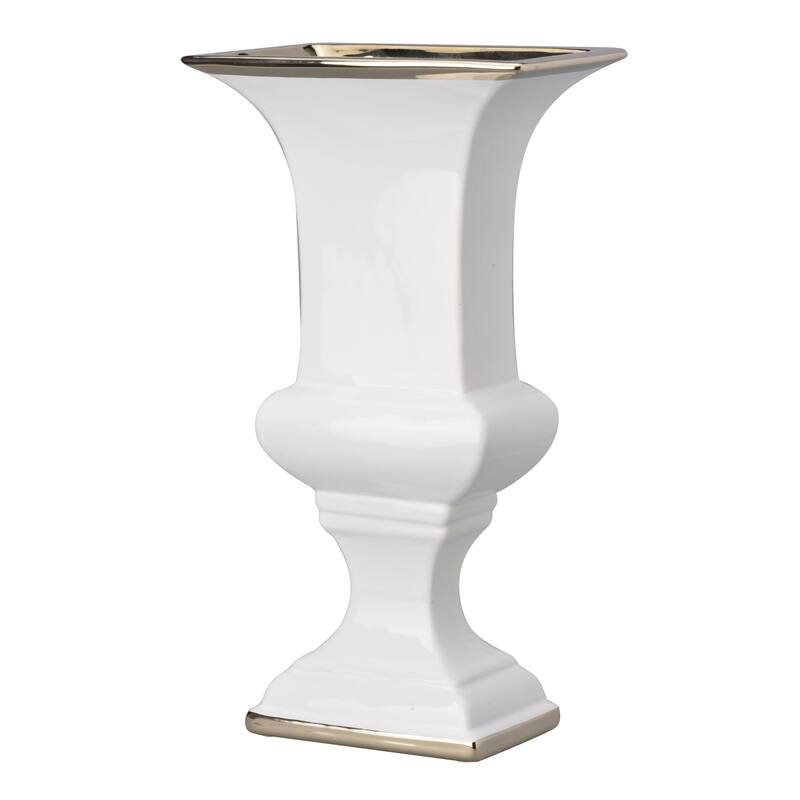 14 Inch Decorative Ceramic Vase, Artistic Turned Urn, White and Gold Rim - White