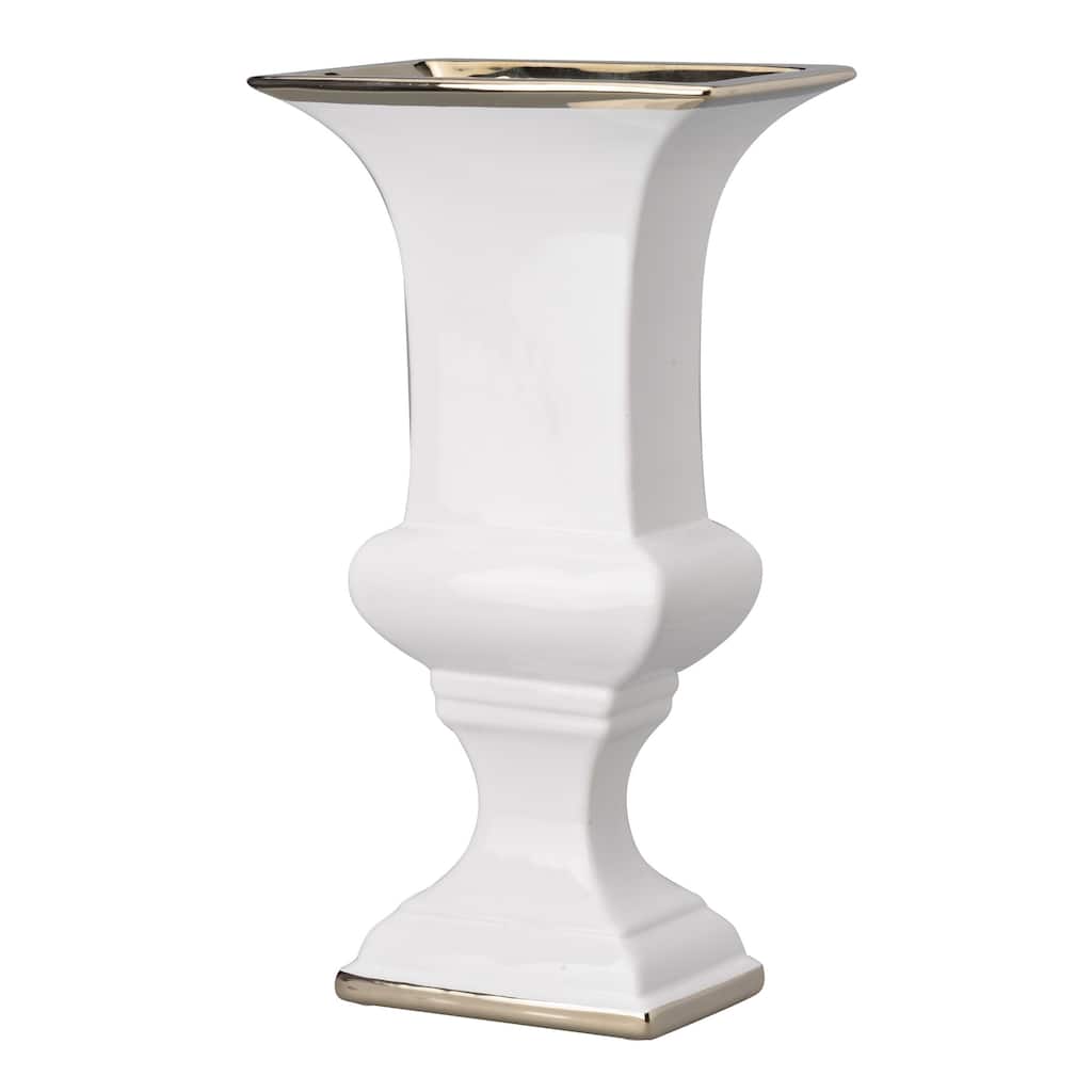14 Inch Decorative Ceramic Vase, Artistic Turned Urn, White and Gold Rim