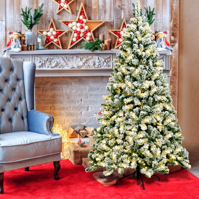 Gymax 6ft Pre-lit Snow Flocked Christmas Tree Hinged Pine Tree Holiday - See Details - Multi - 6 Foot