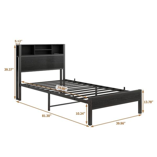 dimension image slide 0 of 2, Twin Size Metal Platform Bed with Storage Headboard and Charging Station